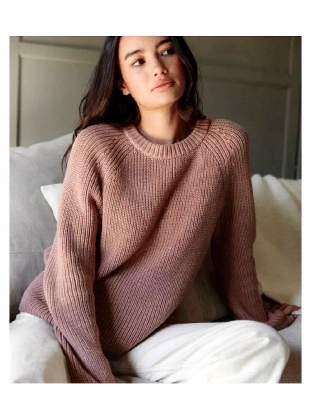 Jenni Kane Cotton Fisherman Sweater Dusty Rose sz S